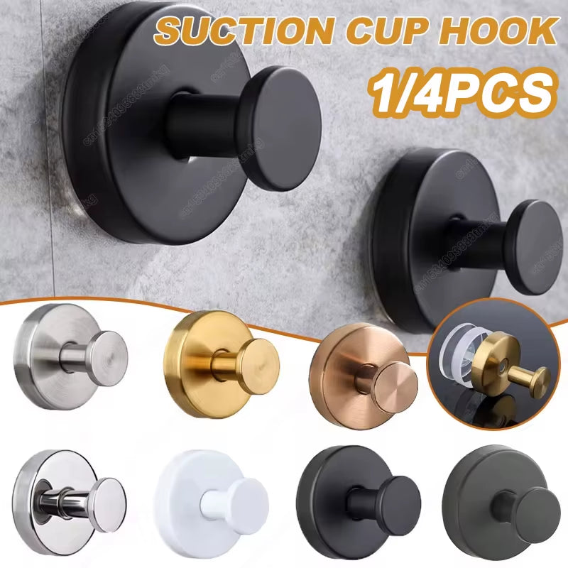 Stainless Steel Bathroom Suction Cup Hooks - Reusable Wall-Mounted Towel and Bathrobe Holders with Strong Adhesion (Set of 1/4)